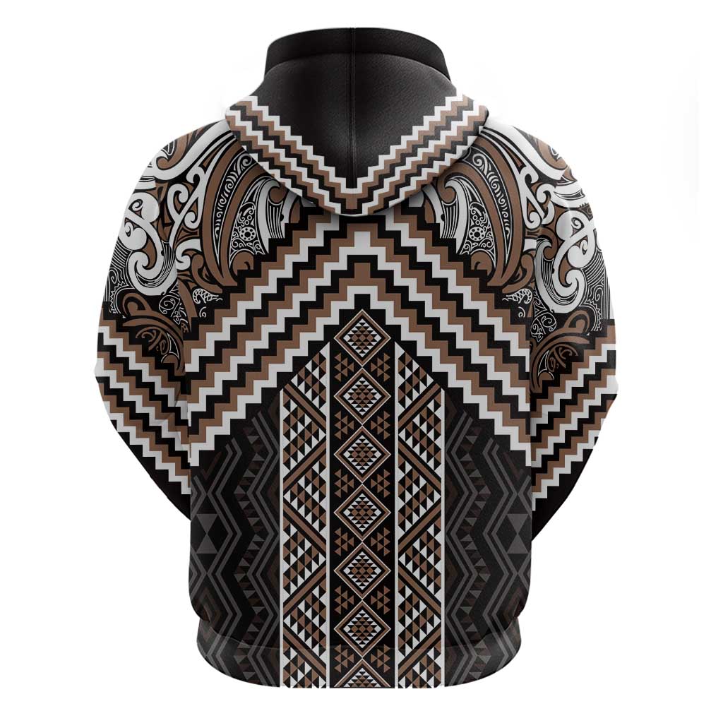 Maori Tukutuku Taniko Motifs Zip Hoodie Brown Poutama Mix Kowhaiwhai