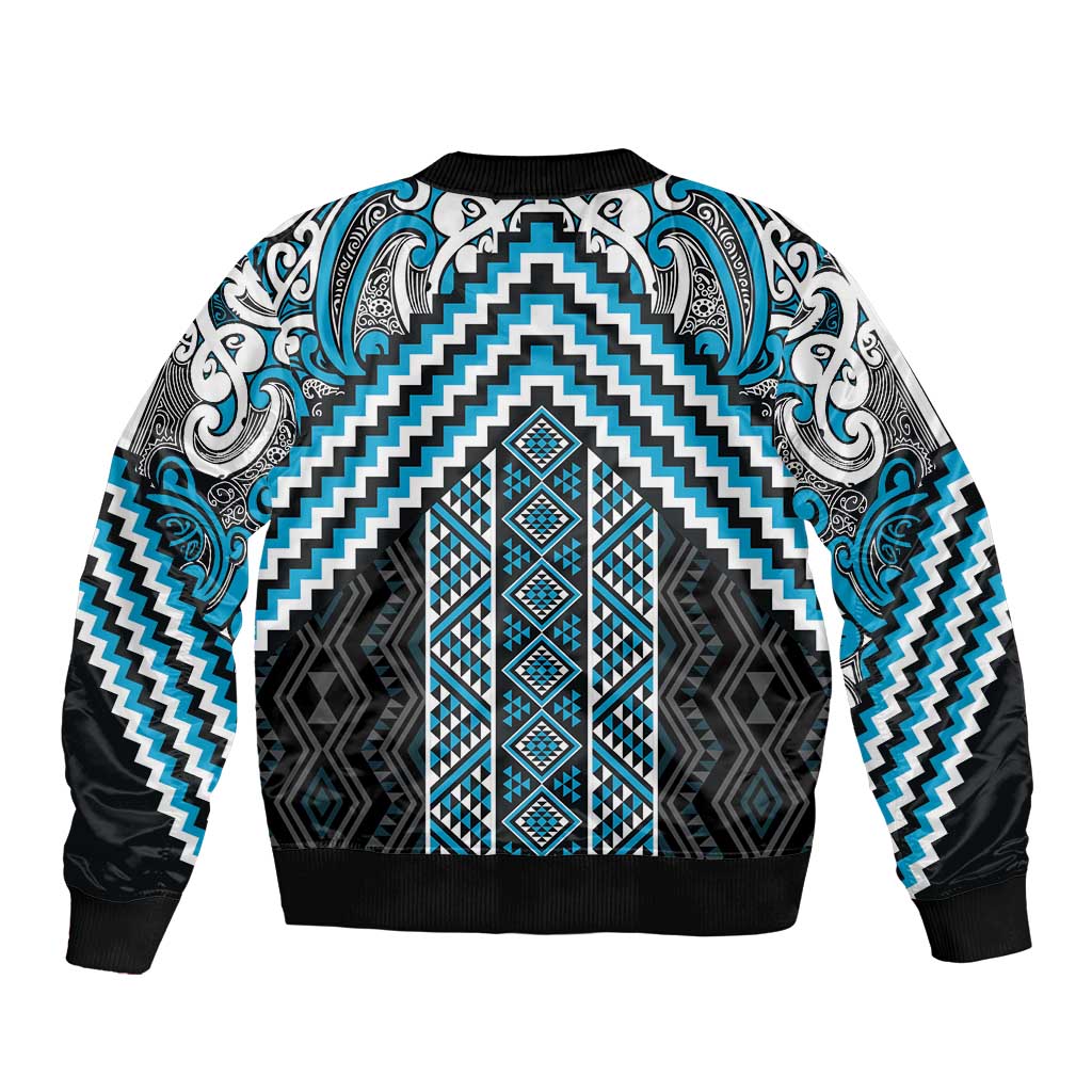 Maori Tukutuku Taniko Motifs Bomber Jacket Turquoise Poutama Mix Kowhaiwhai