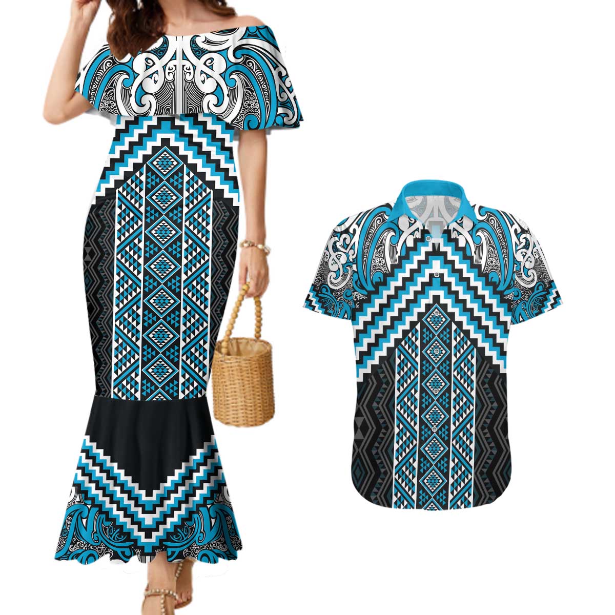 Maori Tukutuku Taniko Motifs Couples Matching Mermaid Dress and Hawaiian Shirt Turquoise Poutama Mix Kowhaiwhai