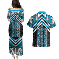 Maori Tukutuku Taniko Motifs Couples Matching Puletasi and Hawaiian Shirt Turquoise Poutama Mix Kowhaiwhai