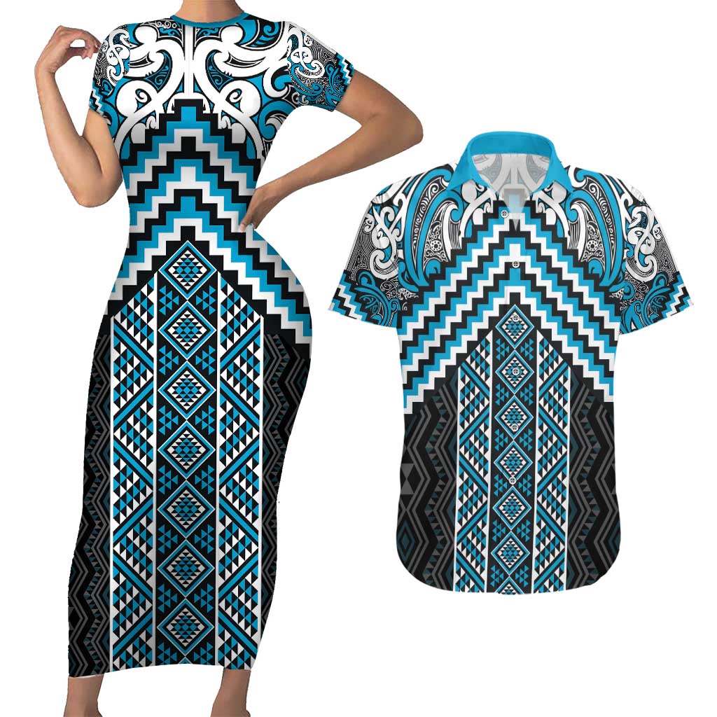 Maori Tukutuku Taniko Motifs Couples Matching Short Sleeve Bodycon Dress and Hawaiian Shirt Turquoise Poutama Mix Kowhaiwhai