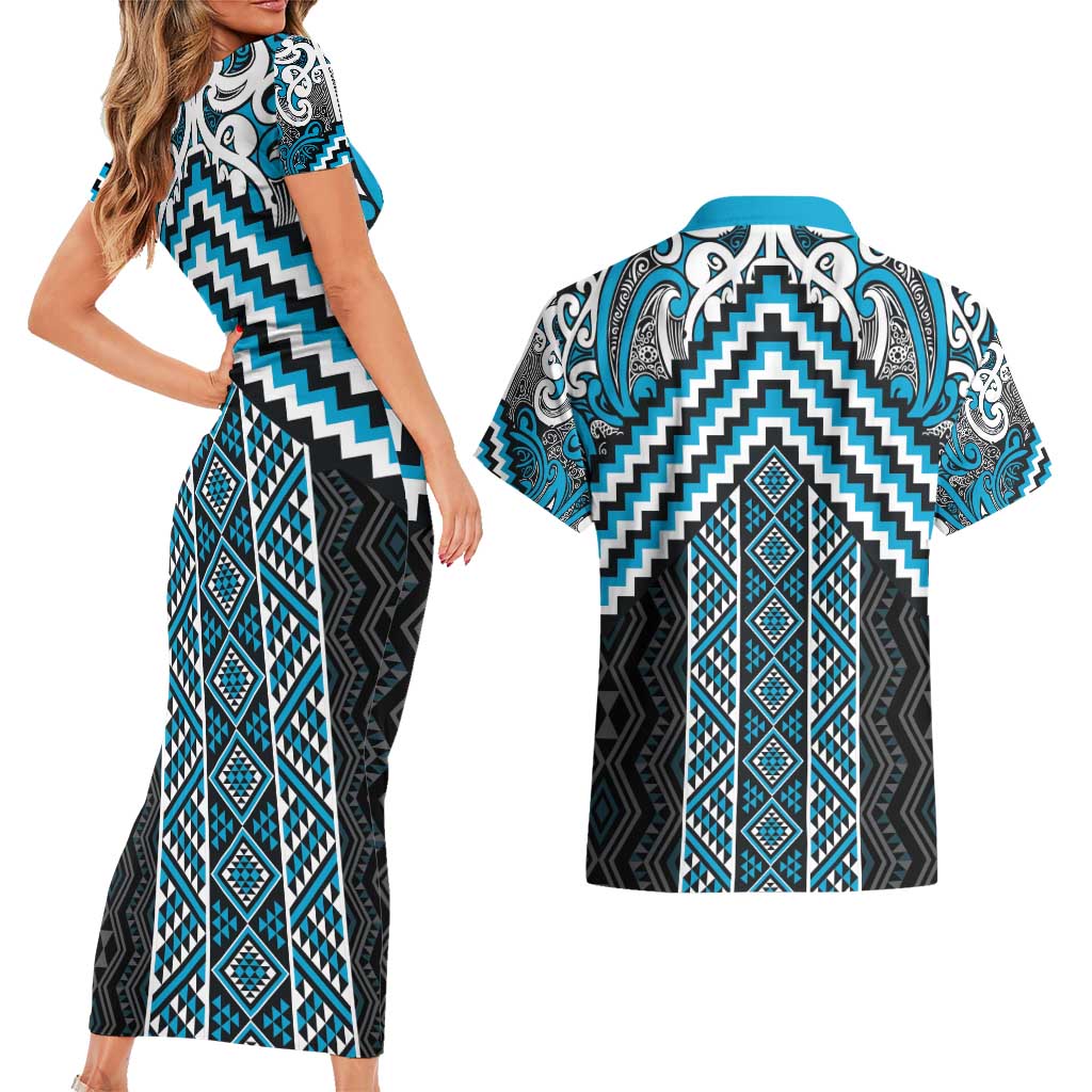 Maori Tukutuku Taniko Motifs Couples Matching Short Sleeve Bodycon Dress and Hawaiian Shirt Turquoise Poutama Mix Kowhaiwhai