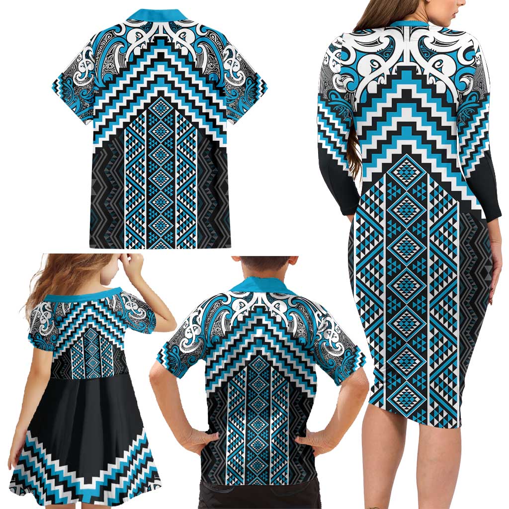 Maori Tukutuku Taniko Motifs Family Matching Long Sleeve Bodycon Dress and Hawaiian Shirt Turquoise Poutama Mix Kowhaiwhai