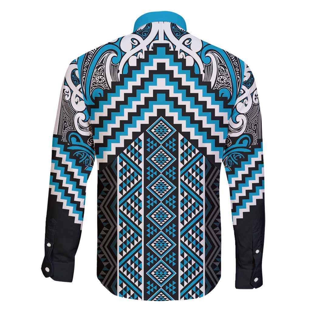 Maori Tukutuku Taniko Motifs Family Matching Long Sleeve Bodycon Dress and Hawaiian Shirt Turquoise Poutama Mix Kowhaiwhai