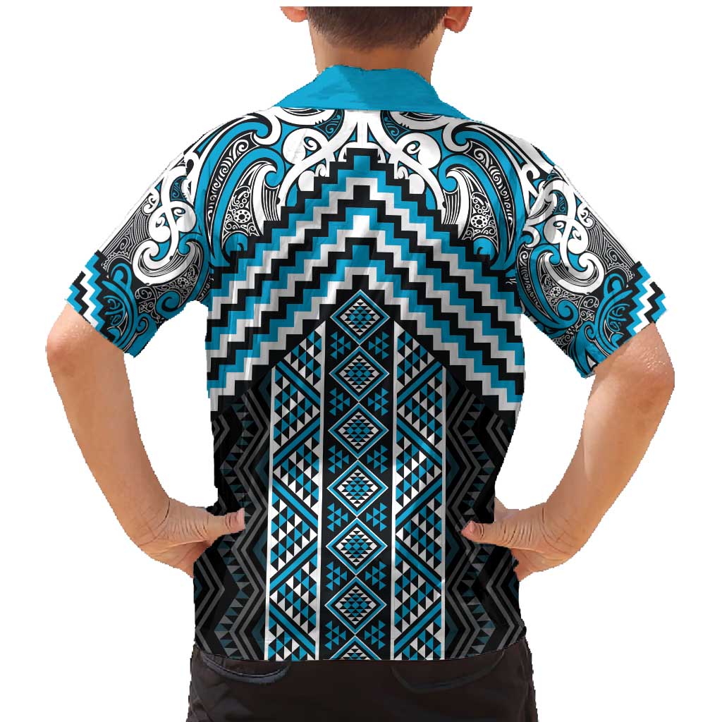 Maori Tukutuku Taniko Motifs Family Matching Mermaid Dress and Hawaiian Shirt Turquoise Poutama Mix Kowhaiwhai