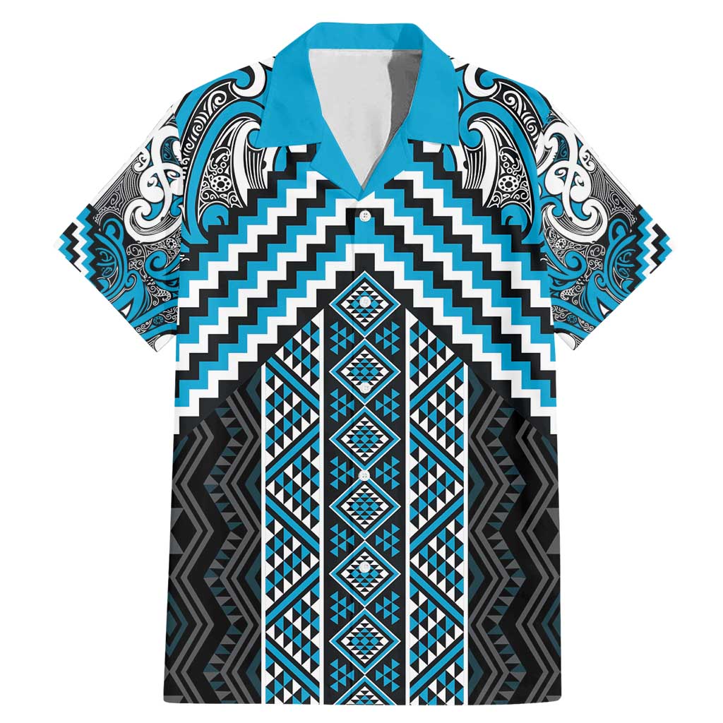 Maori Tukutuku Taniko Motifs Family Matching Mermaid Dress and Hawaiian Shirt Turquoise Poutama Mix Kowhaiwhai