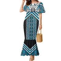Maori Tukutuku Taniko Motifs Family Matching Mermaid Dress and Hawaiian Shirt Turquoise Poutama Mix Kowhaiwhai