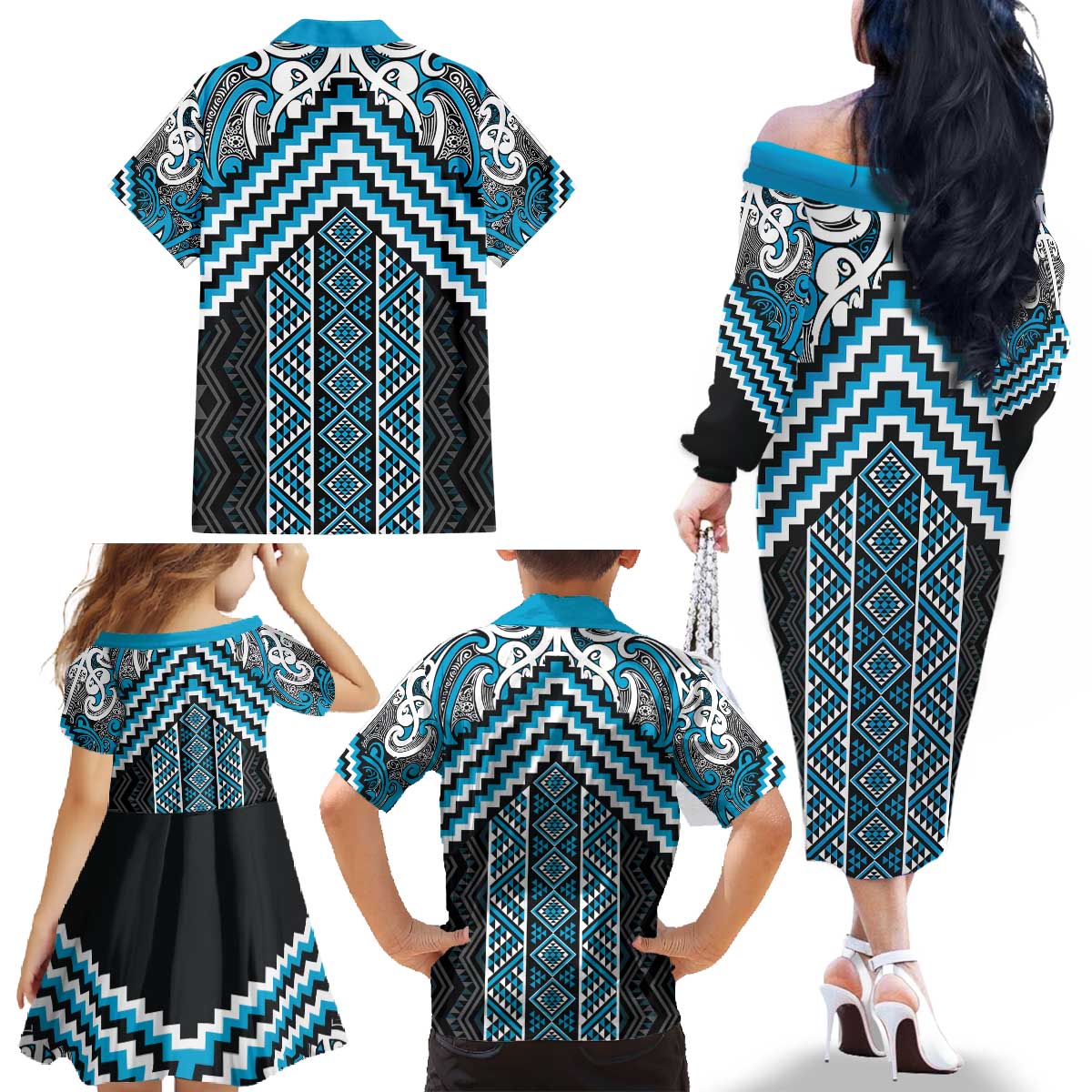 Maori Tukutuku Taniko Motifs Family Matching Off The Shoulder Long Sleeve Dress and Hawaiian Shirt Turquoise Poutama Mix Kowhaiwhai