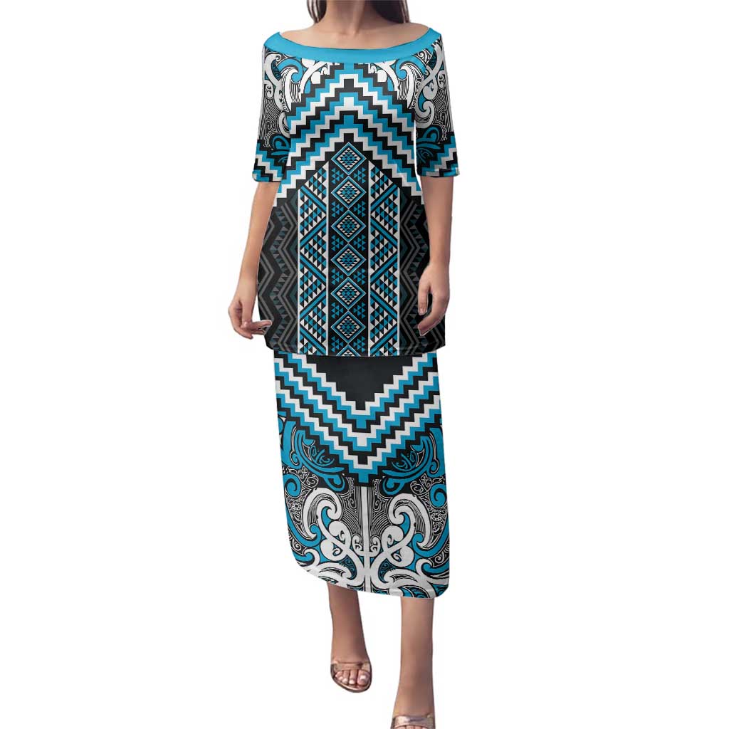 Maori Tukutuku Taniko Motifs Family Matching Puletasi and Hawaiian Shirt Turquoise Poutama Mix Kowhaiwhai