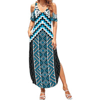 Maori Tukutuku Taniko Motifs Family Matching Summer Maxi Dress and Hawaiian Shirt Turquoise Poutama Mix Kowhaiwhai