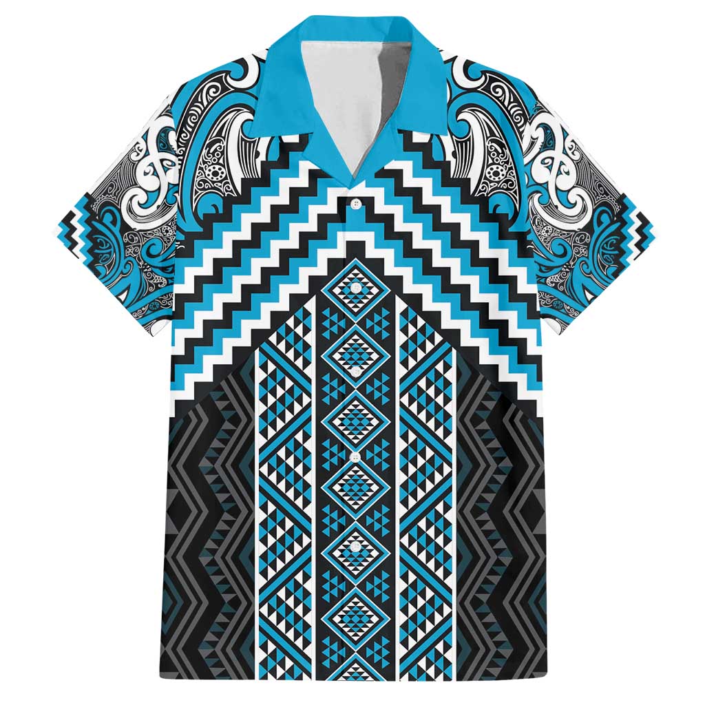 Maori Tukutuku Taniko Motifs Family Matching Tank Maxi Dress and Hawaiian Shirt Turquoise Poutama Mix Kowhaiwhai LT7 Dad's Shirt - Short Sleeve Turquoise - Polynesian Pride