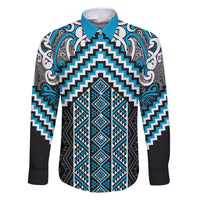 Maori Tukutuku Taniko Motifs Family Matching Tank Maxi Dress and Hawaiian Shirt Turquoise Poutama Mix Kowhaiwhai LT7 Dad's Shirt - Long Sleeve Turquoise - Polynesian Pride