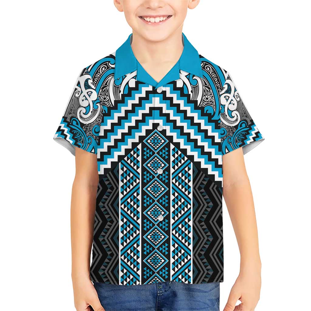 Maori Tukutuku Taniko Motifs Kid Hawaiian Shirt Turquoise Poutama Mix Kowhaiwhai