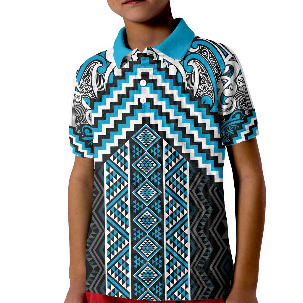Maori Tukutuku Taniko Motifs Kid Polo Shirt Turquoise Poutama Mix Kowhaiwhai
