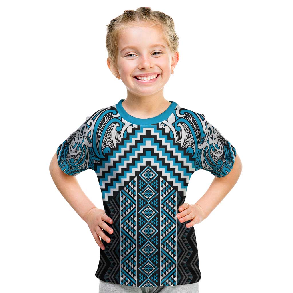 Maori Tukutuku Taniko Motifs Kid T Shirt Turquoise Poutama Mix Kowhaiwhai