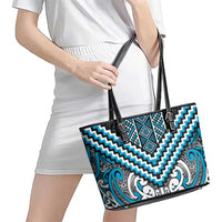Maori Tukutuku Taniko Motifs Leather Tote Bag Turquoise Poutama Mix Kowhaiwhai