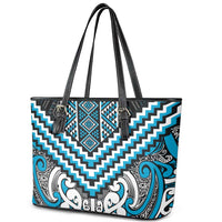 Maori Tukutuku Taniko Motifs Leather Tote Bag Turquoise Poutama Mix Kowhaiwhai