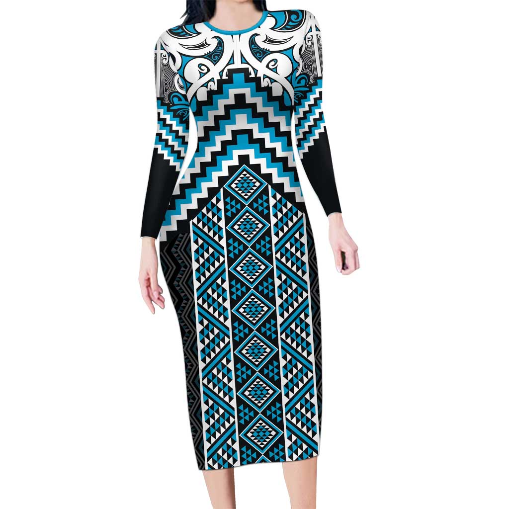 Maori Tukutuku Taniko Motifs Long Sleeve Bodycon Dress Turquoise Poutama Mix Kowhaiwhai