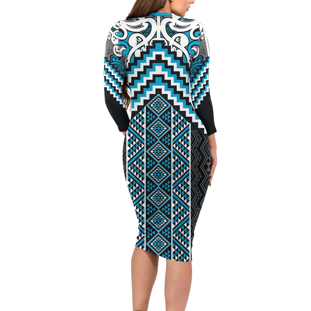 Maori Tukutuku Taniko Motifs Long Sleeve Bodycon Dress Turquoise Poutama Mix Kowhaiwhai