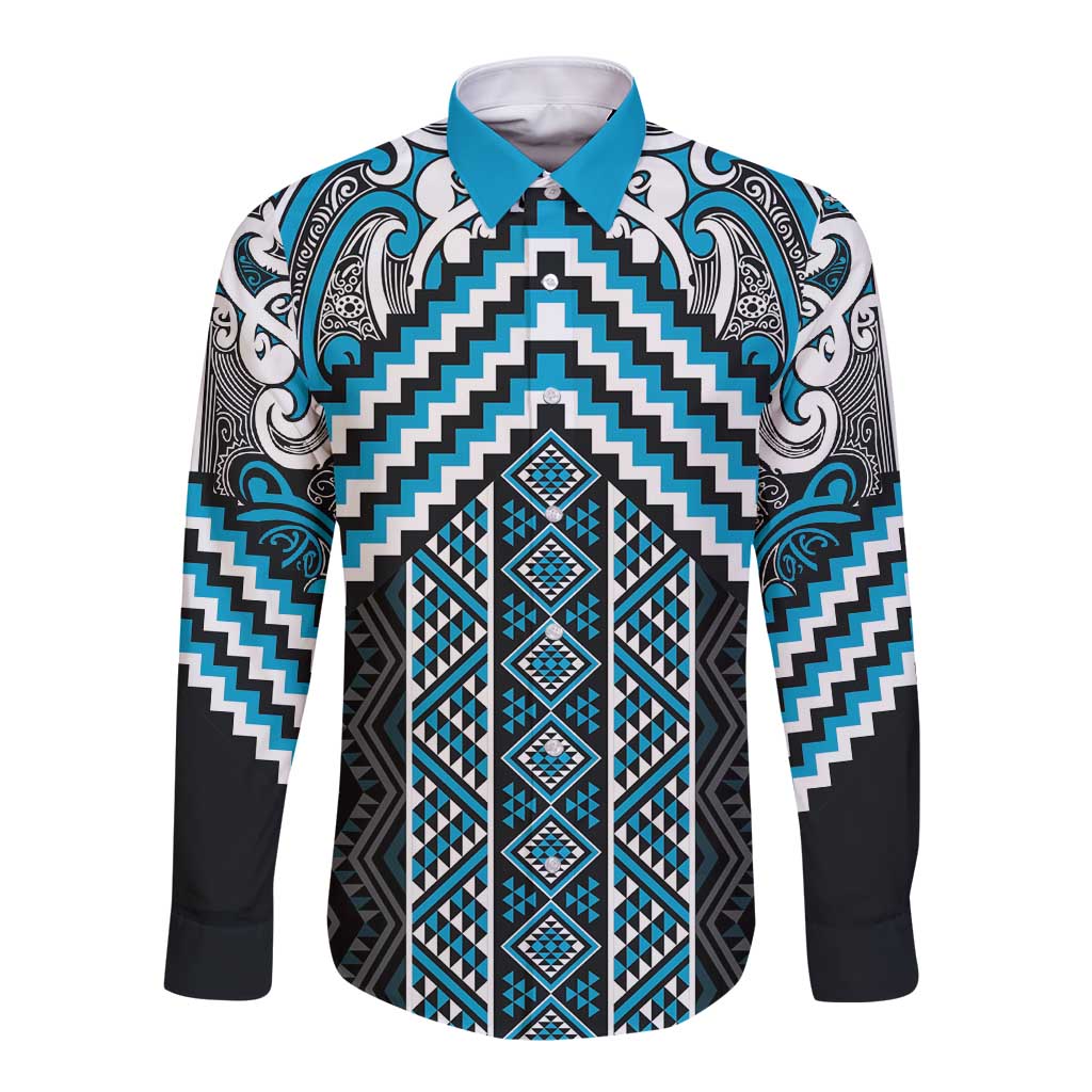Maori Tukutuku Taniko Motifs Long Sleeve Button Shirt Turquoise Poutama Mix Kowhaiwhai