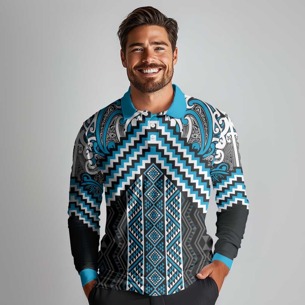 Maori Tukutuku Taniko Motifs Long Sleeve Polo Shirt Turquoise Poutama Mix Kowhaiwhai