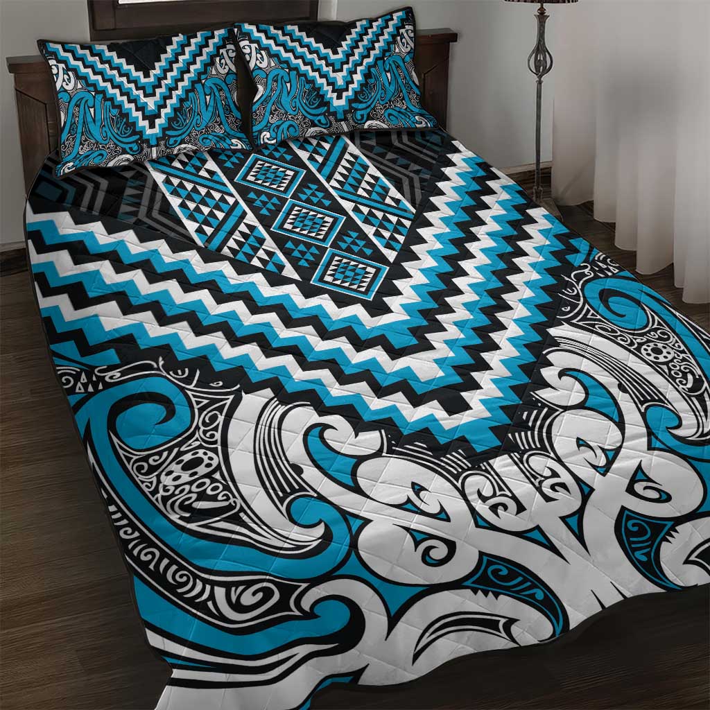 Maori Tukutuku Taniko Motifs Quilt Bed Set Turquoise Poutama Mix Kowhaiwhai
