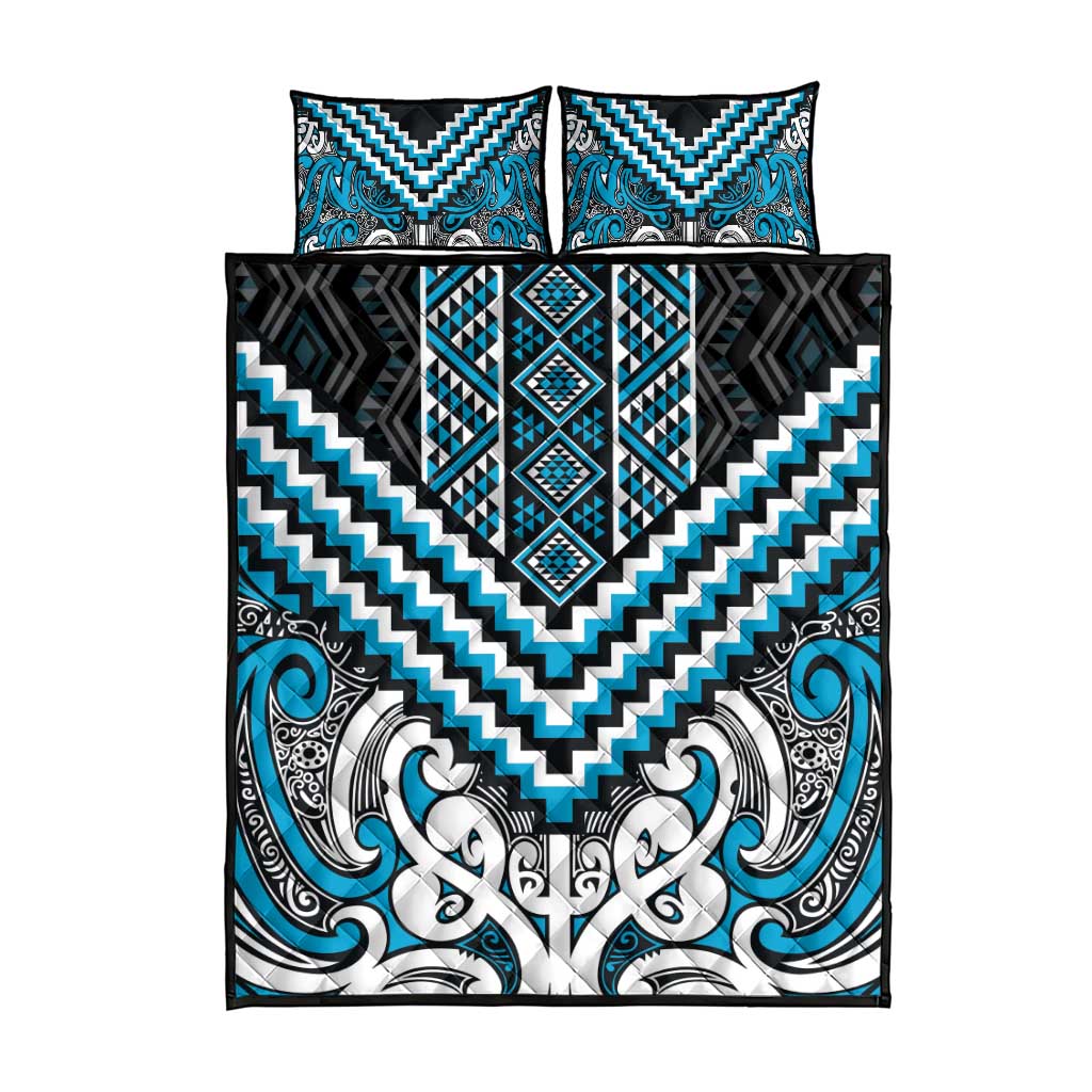 Maori Tukutuku Taniko Motifs Quilt Bed Set Turquoise Poutama Mix Kowhaiwhai