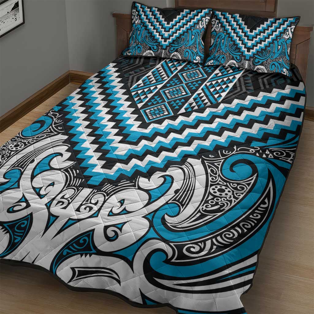 Maori Tukutuku Taniko Motifs Quilt Bed Set Turquoise Poutama Mix Kowhaiwhai