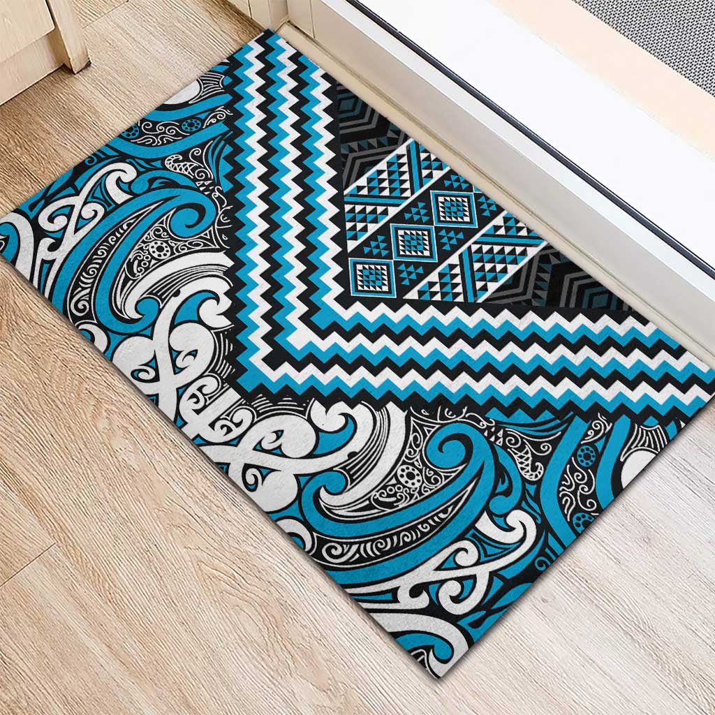 Maori Tukutuku Taniko Motifs Rubber Doormat Turquoise Poutama Mix Kowhaiwhai