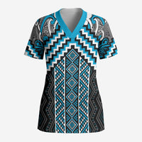 Maori Tukutuku Taniko Motifs Scrub Top Turquoise Poutama Mix Kowhaiwhai - Polynesian Pride