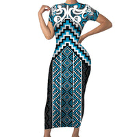 Maori Tukutuku Taniko Motifs Short Sleeve Bodycon Dress Turquoise Poutama Mix Kowhaiwhai