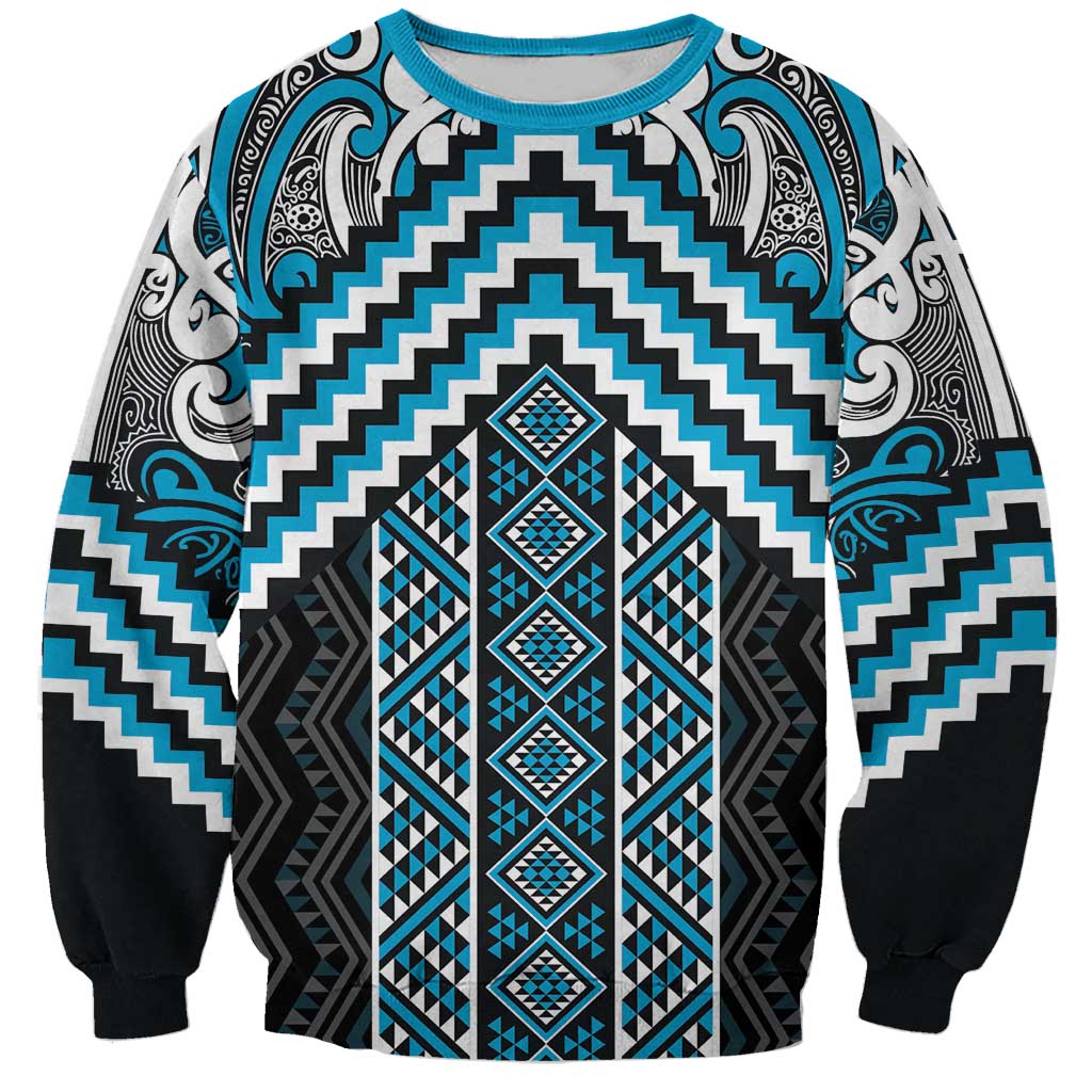 Maori Tukutuku Taniko Motifs Sweatshirt Turquoise Poutama Mix Kowhaiwhai