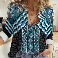 Maori Tukutuku Taniko Motifs Women Casual Shirt Turquoise Poutama Mix Kowhaiwhai