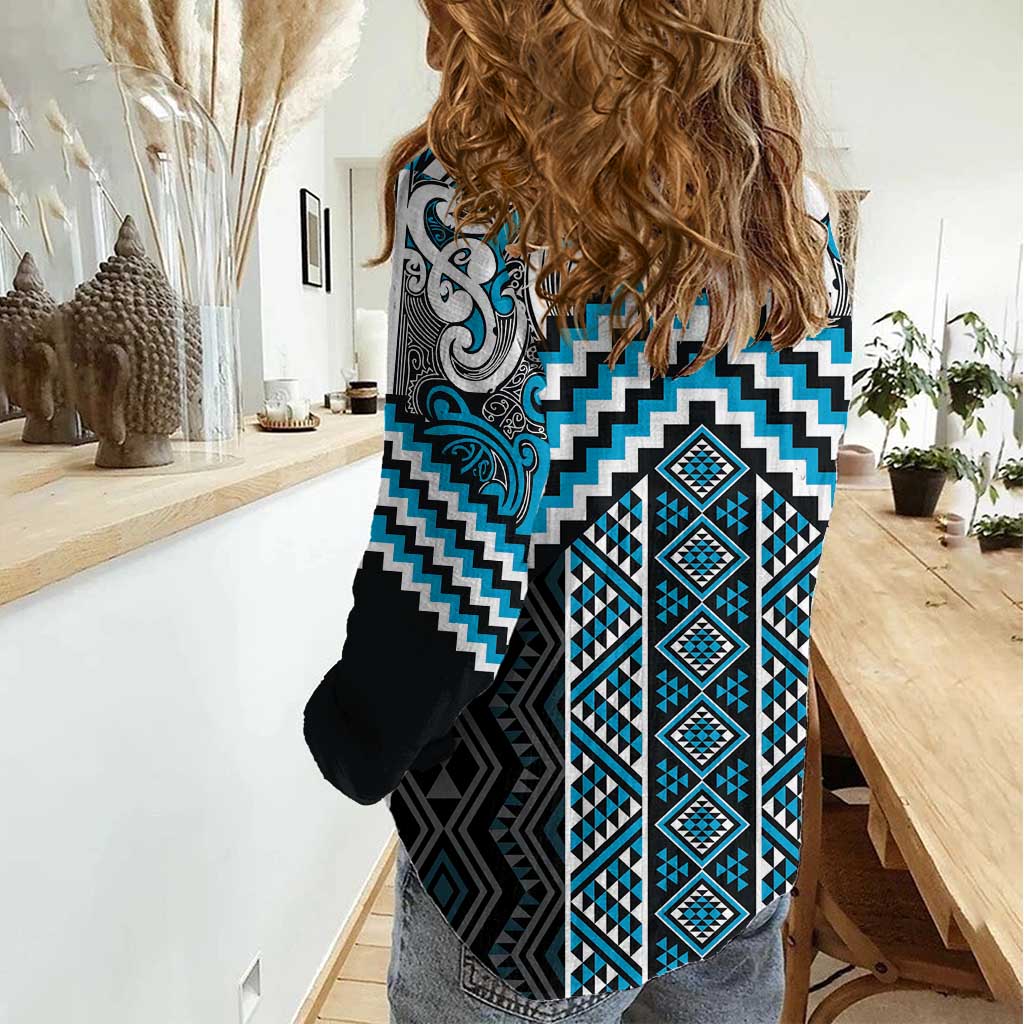 Maori Tukutuku Taniko Motifs Women Casual Shirt Turquoise Poutama Mix Kowhaiwhai