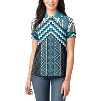 Maori Tukutuku Taniko Motifs Women Polo Shirt Turquoise Poutama Mix Kowhaiwhai