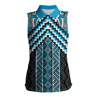 Maori Tukutuku Taniko Motifs Women Sleeveless Polo Shirt Turquoise Poutama Mix Kowhaiwhai