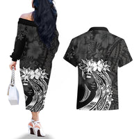 Polynesian Women's Day Couples Matching Off The Shoulder Long Sleeve Dress and Hawaiian Shirt Plumeria Passion - Black LT7 - Polynesian Pride