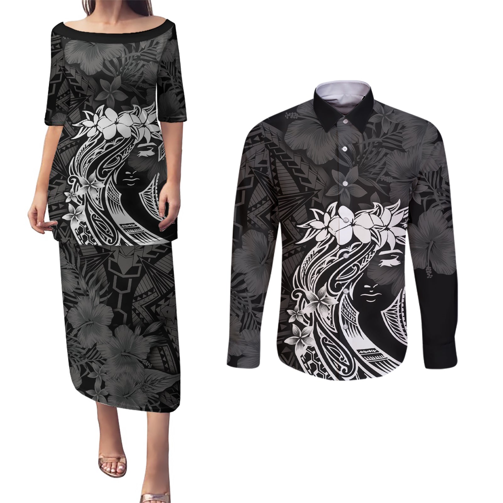 Polynesian Women's Day Couples Matching Puletasi and Long Sleeve Button Shirt Plumeria Passion - Black LT7 Black - Polynesian Pride
