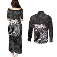 Polynesian Women's Day Couples Matching Puletasi and Long Sleeve Button Shirt Plumeria Passion - Black LT7 - Polynesian Pride