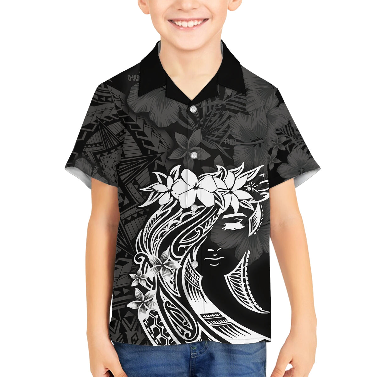Polynesian Women's Day Family Matching Long Sleeve Bodycon Dress and Hawaiian Shirt Plumeria Passion - Black LT7 Son's Shirt Black - Polynesian Pride