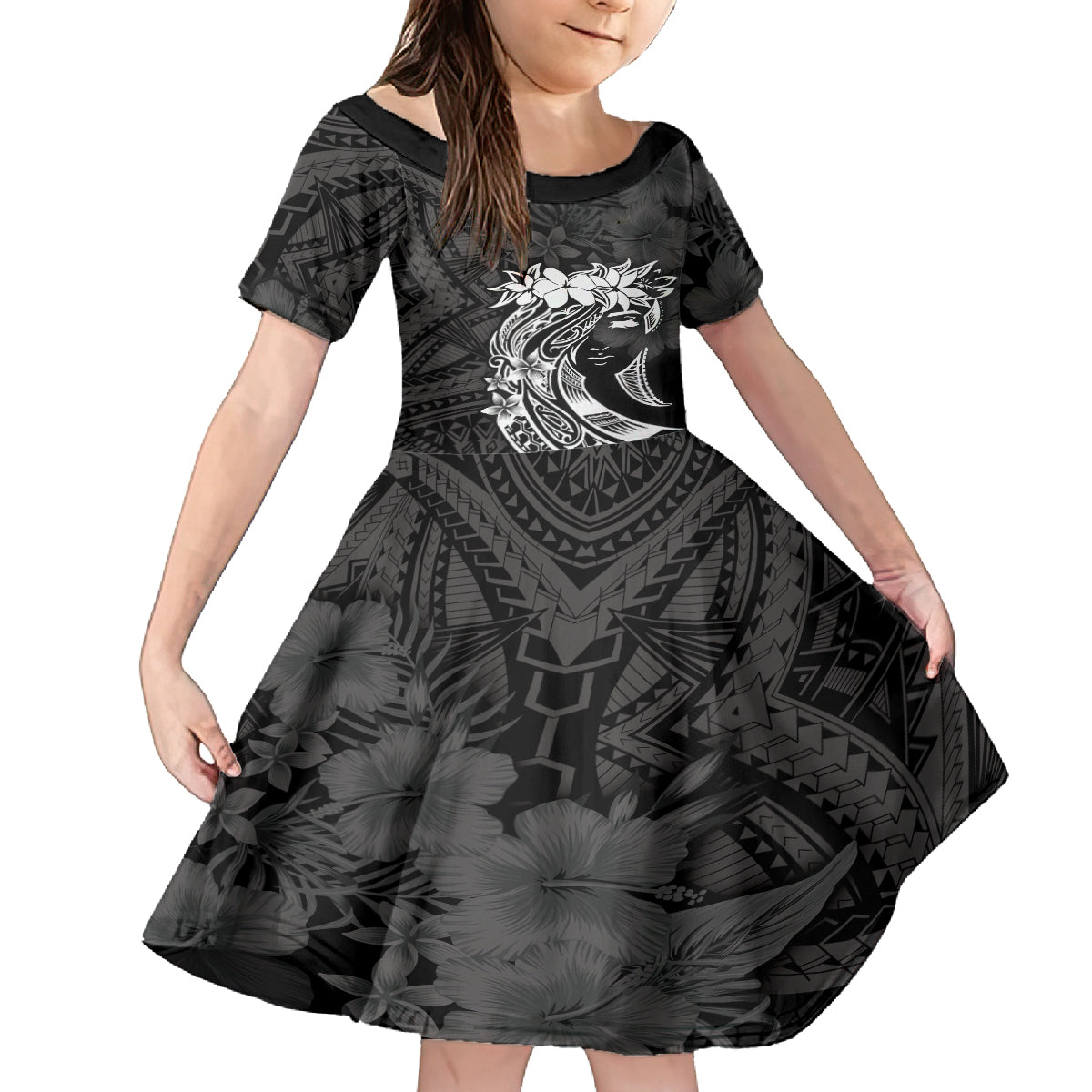 Polynesian Women's Day Kid Short Sleeve Dress Plumeria Passion - Black LT7 KID Black - Polynesian Pride