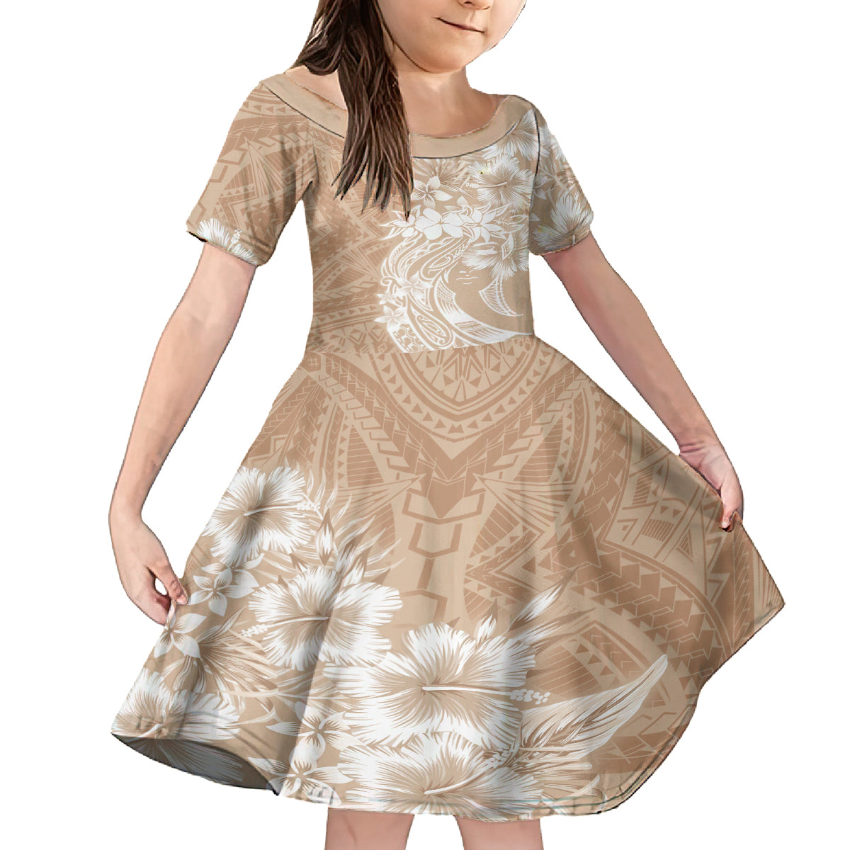 Polynesian Women's Day Family Matching Long Sleeve Bodycon Dress and Hawaiian Shirt Plumeria Passion - Beige LT7 Daughter's Dress Beige - Polynesian Pride