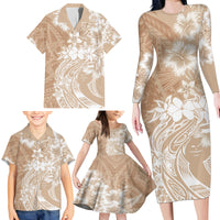 Polynesian Women's Day Family Matching Long Sleeve Bodycon Dress and Hawaiian Shirt Plumeria Passion - Beige LT7 - Polynesian Pride