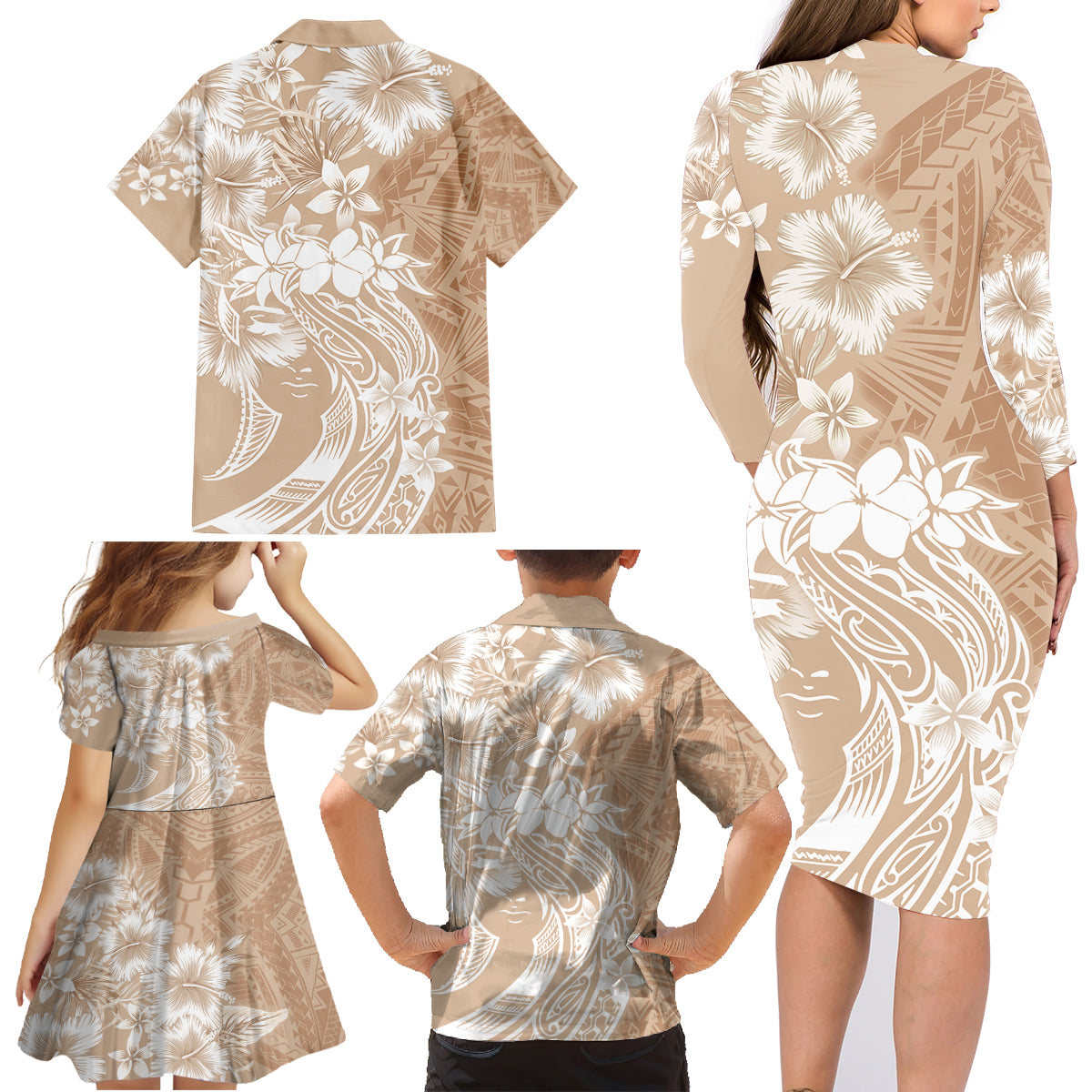 Polynesian Women's Day Family Matching Long Sleeve Bodycon Dress and Hawaiian Shirt Plumeria Passion - Beige LT7 - Polynesian Pride