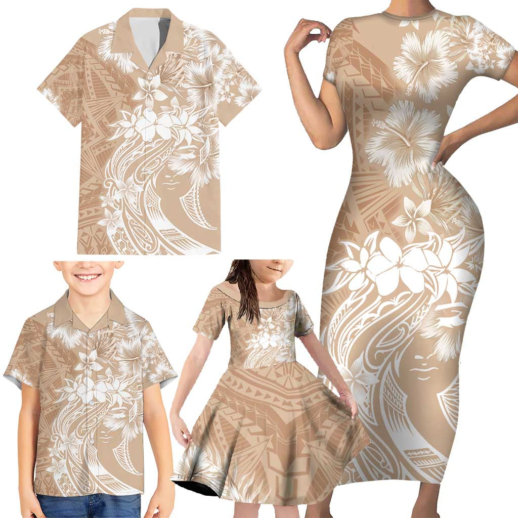 Polynesian Women's Day Family Matching Short Sleeve Bodycon Dress and Hawaiian Shirt Plumeria Passion - Beige LT7