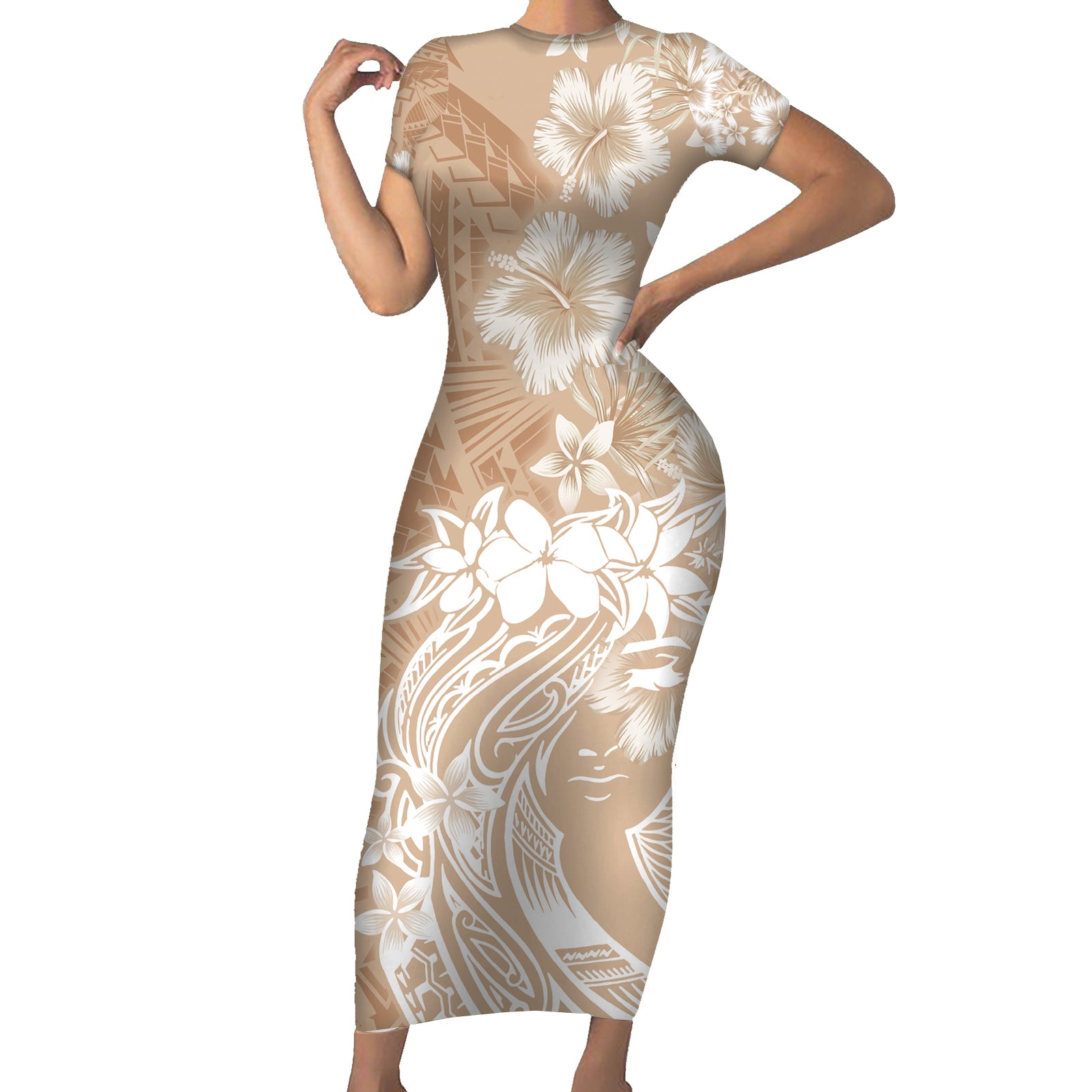 Polynesian Women's Day Short Sleeve Bodycon Dress Plumeria Passion - Beige LT7 Long Dress Beige - Polynesian Pride