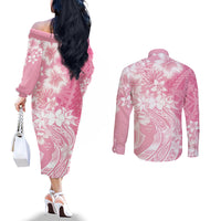 Polynesian Women's Day Couples Matching Off The Shoulder Long Sleeve Dress and Long Sleeve Button Shirt Plumeria Passion - Pink LT7 - Polynesian Pride