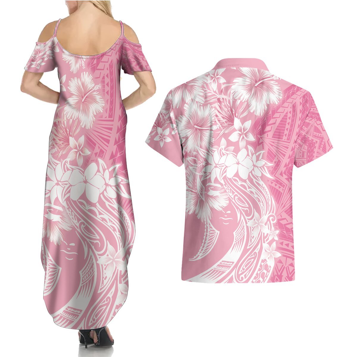 Polynesian Women's Day Couples Matching Summer Maxi Dress and Hawaiian Shirt Plumeria Passion - Pink LT7 - Polynesian Pride