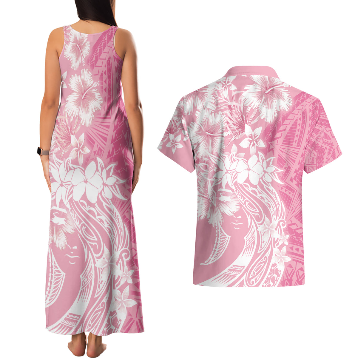 Polynesian Women's Day Couples Matching Tank Maxi Dress and Hawaiian Shirt Plumeria Passion - Pink LT7 - Polynesian Pride