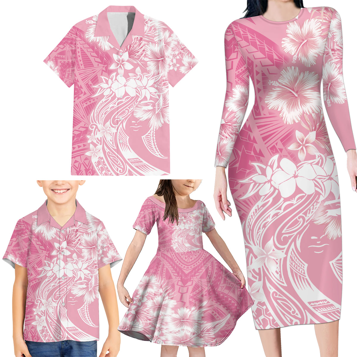 Polynesian Women's Day Family Matching Long Sleeve Bodycon Dress and Hawaiian Shirt Plumeria Passion - Pink LT7 - Polynesian Pride